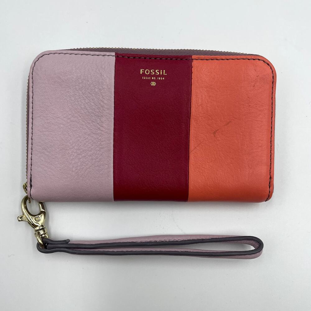 Fossil Sydney Zip Card Wallet Multi-Color Leather Colorblock Red Orange Pink